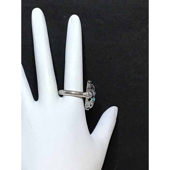 Avon Silver Tone Adjustable Ring W/ Faux Turquoise Sierra Design Signed SC (R62) - Picture 3 of 4